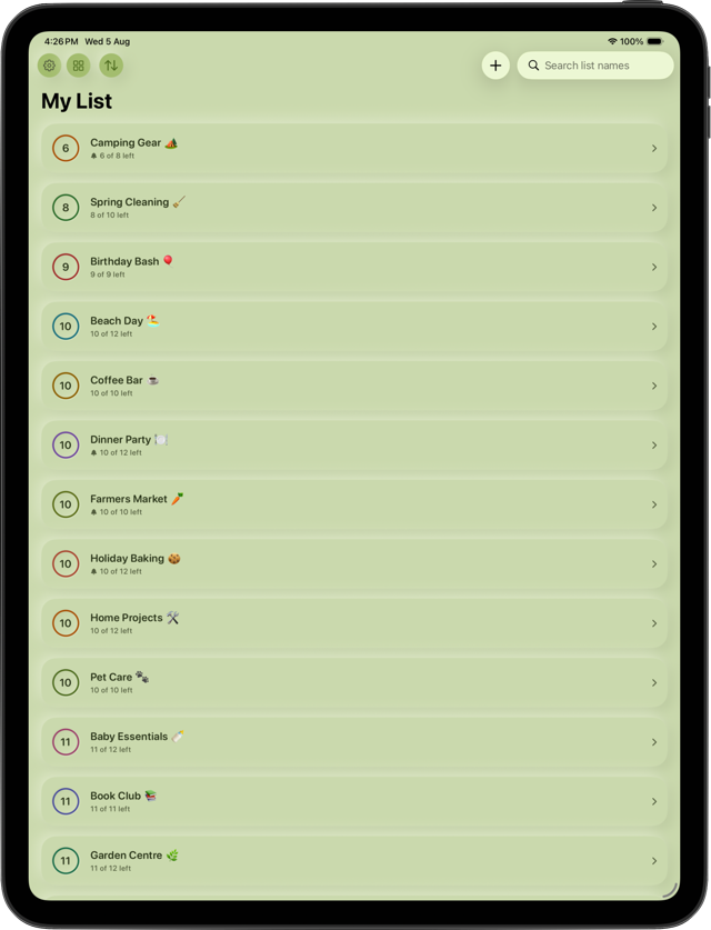 My List on iPad showing thirteen colour-coded lists — Camping Gear, Spring Cleaning, Birthday Bash and more — each with the number of items left, above a search field for list names.