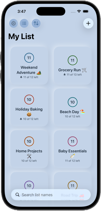 The lists screen on iPhone switched to a grid layout, showing Weekend Adventure, Grocery Run, Holiday Baking and Beach Day as tiles with their remaining counts.