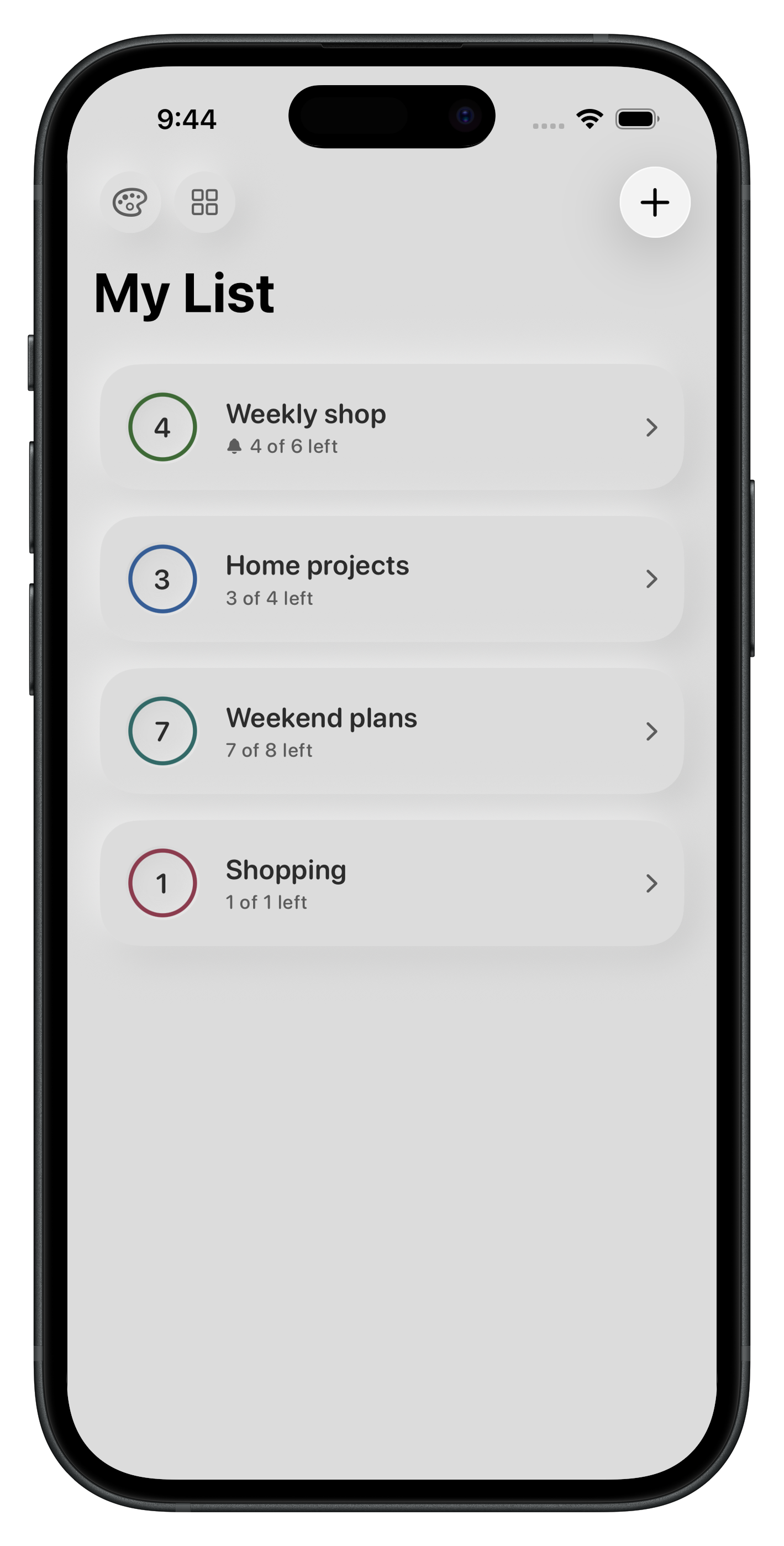 My List on an iPhone showing four active lists, including Weekly shop, Home projects, and Weekend plans, with their remaining item counts.