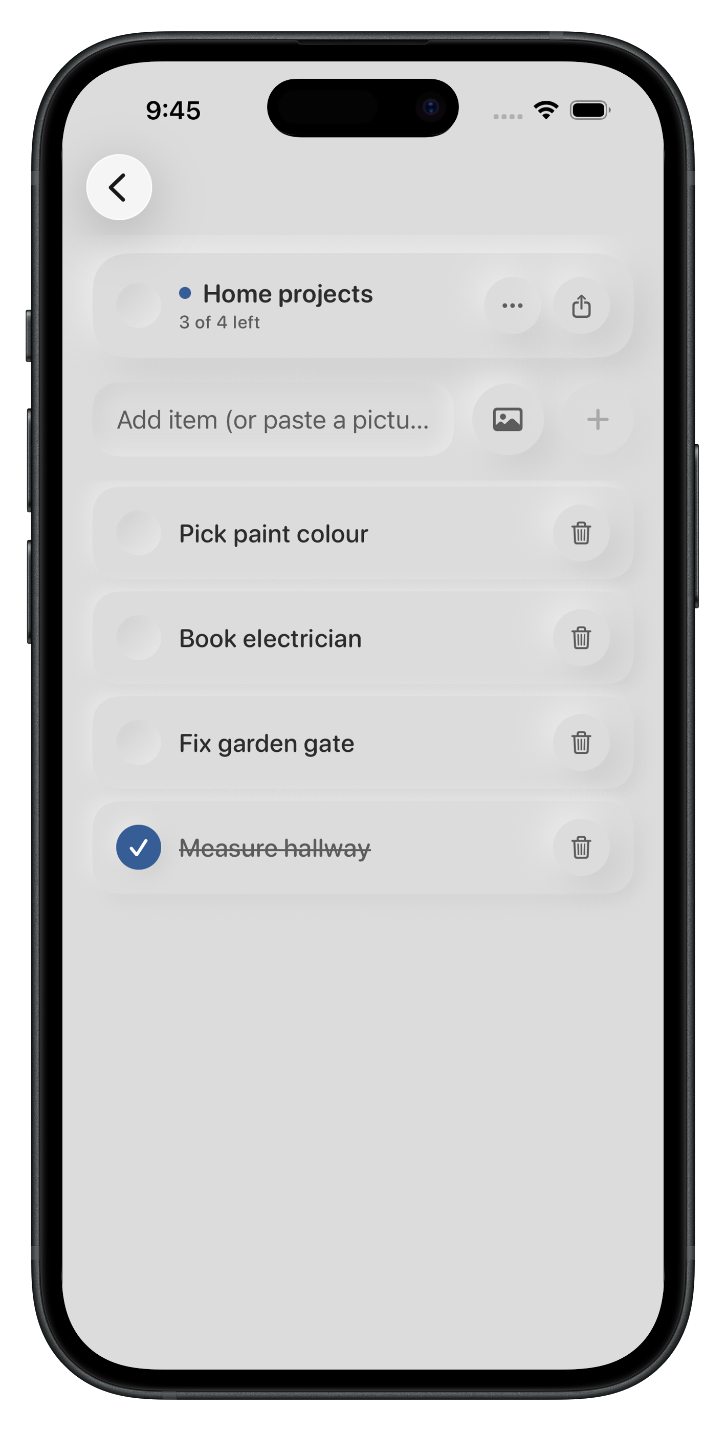 My List on an iPhone showing a Weekly shop list with active and completed grocery items.