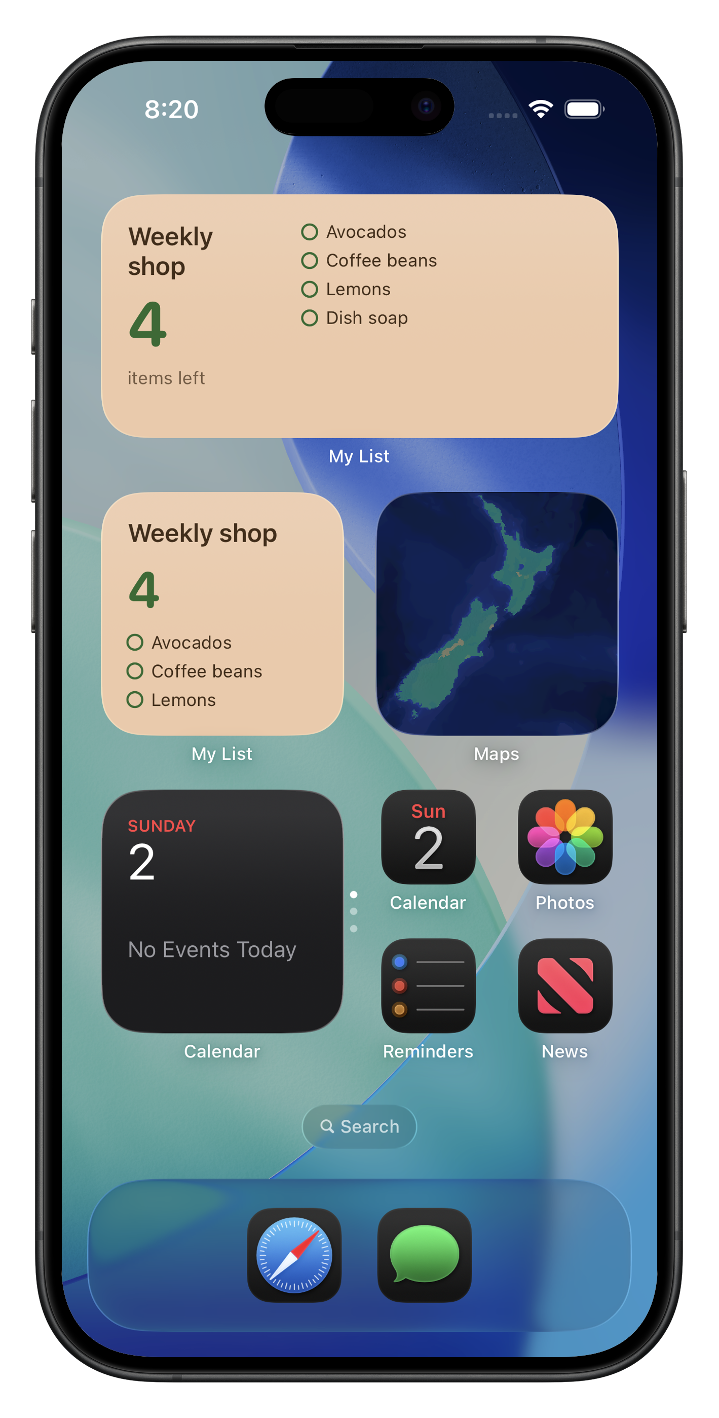 An iPhone Home Screen with live small and medium My List widgets showing a Weekly shop list and four remaining items.